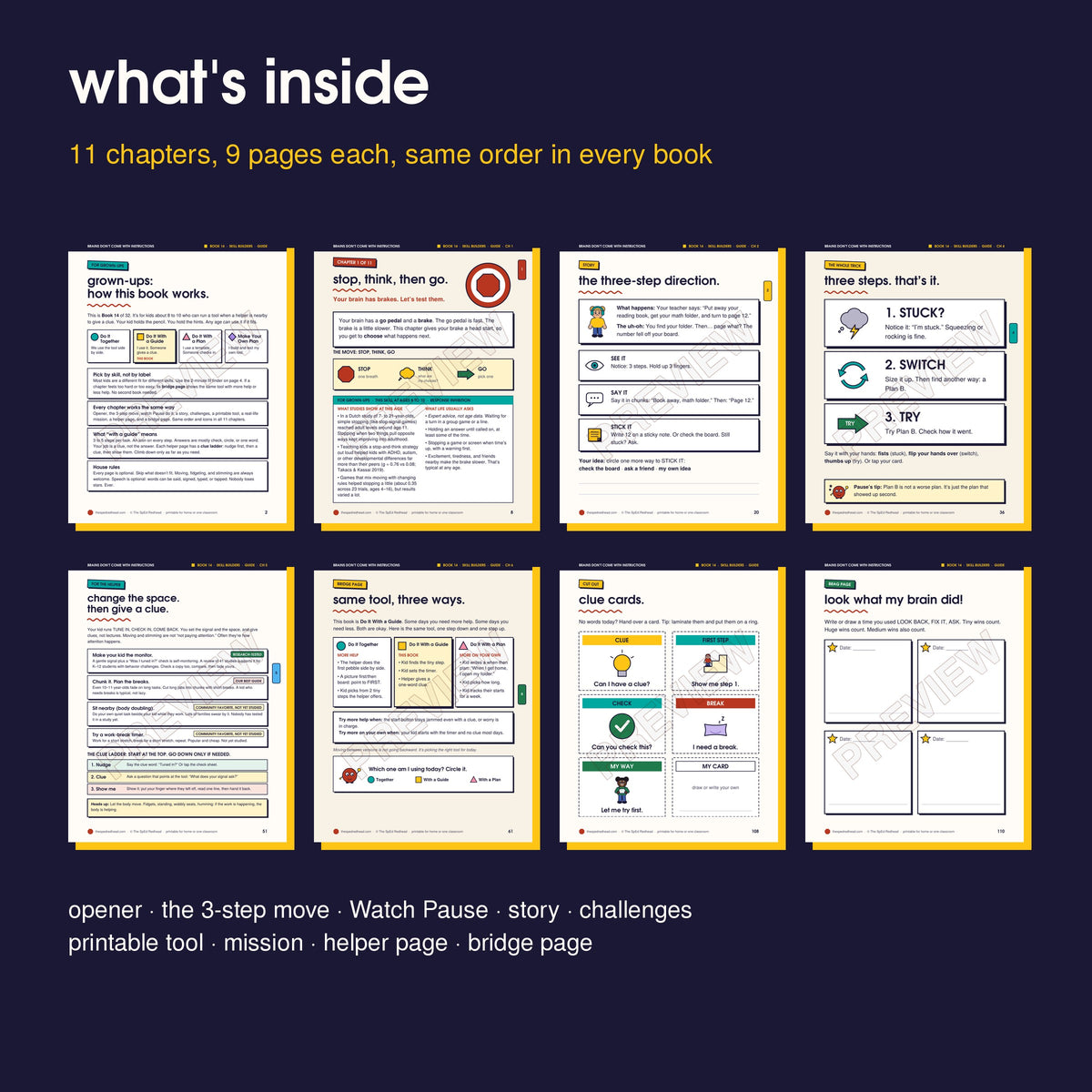 Inside pages in order: how it works, opener, story, 3-step move, helper page, bridge page, cut-outs, brag page