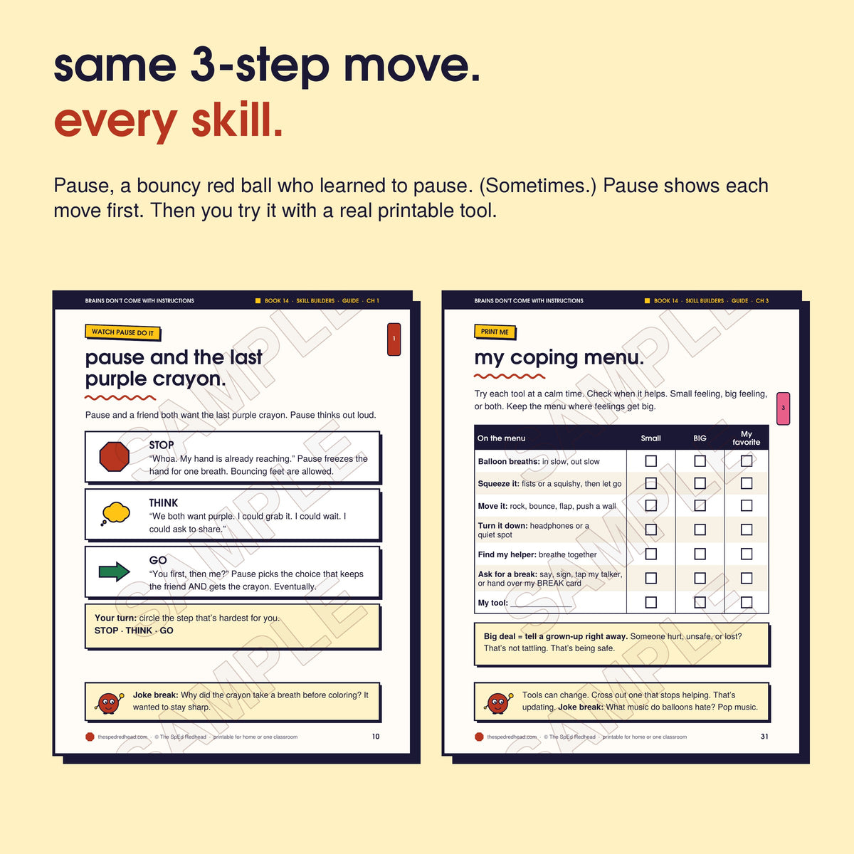 Two sample pages: Pause models Stop, Think, Go step by step, and the chapter 3 printable, "my coping menu"