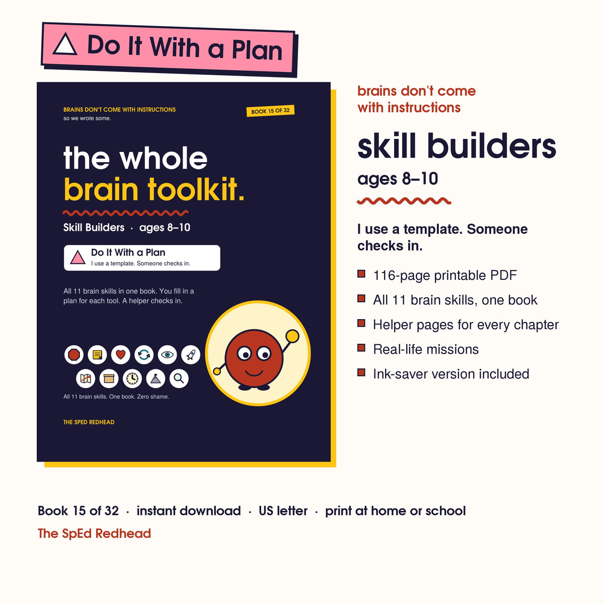 Book 15 of 32 cover, Skill Builders, ages 8–10, with a pink Do It With a Plan sticker and what's in the 116-page PDF