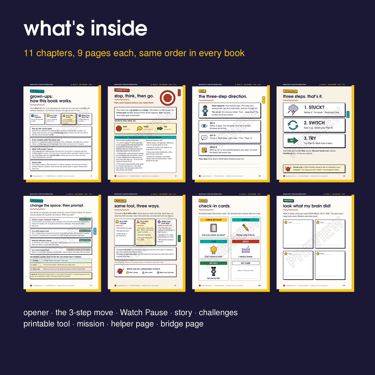 Inside pages in order: how it works, opener, story, 3-step move, helper page, bridge page, cut-outs, brag page