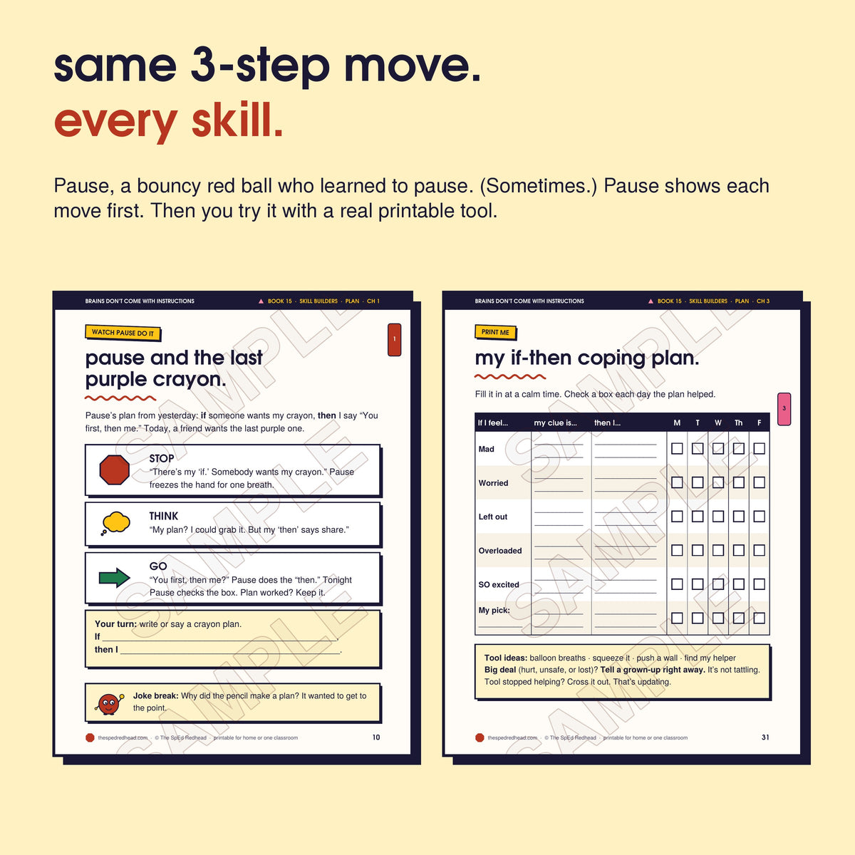 Two sample pages: Pause models Stop, Think, Go step by step, and the chapter 3 printable, "my if-then coping plan"