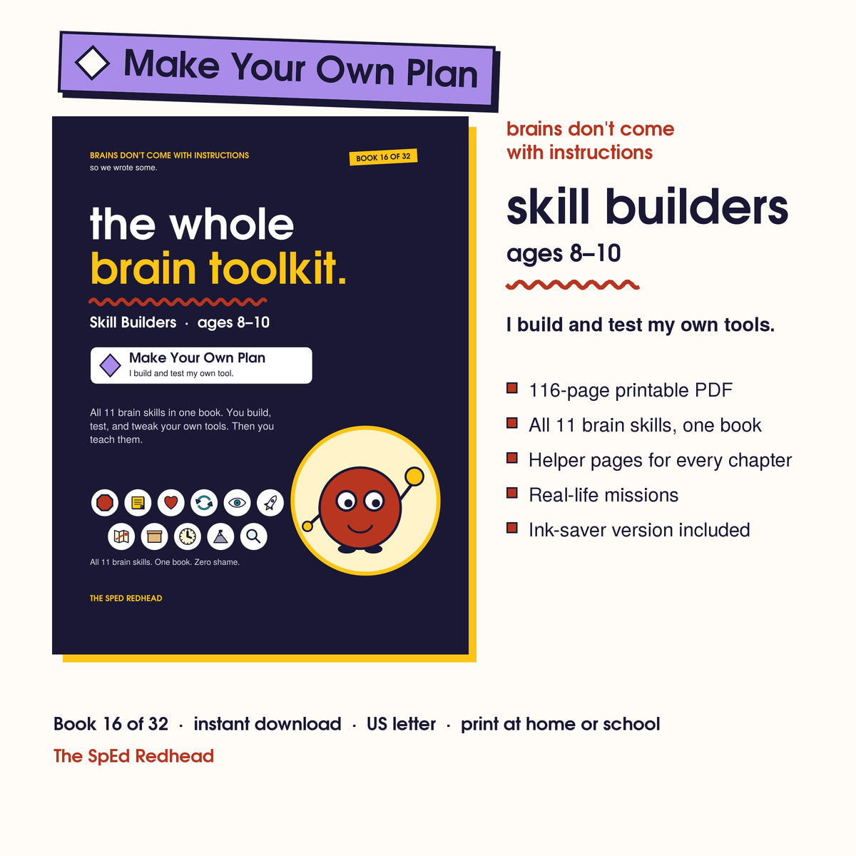 Book 16 of 32 cover, Skill Builders, ages 8–10, with a purple Make Your Own Plan sticker and what's in the 116-page PDF