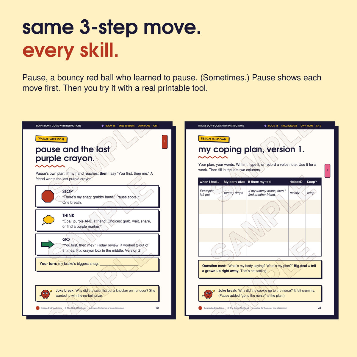 Two sample pages: Pause models Stop, Think, Go step by step, and the chapter 3 printable, "my coping plan, version 1"