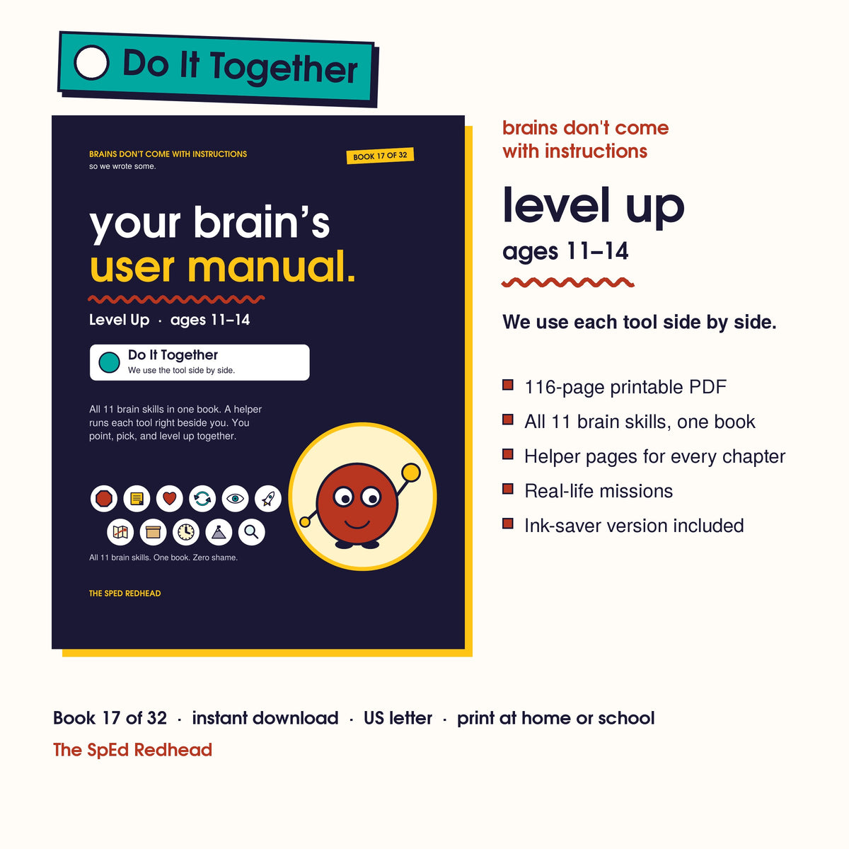 Book 17 of 32 cover, Level Up, ages 11–14, with a teal Do It Together sticker and what's in the 116-page PDF