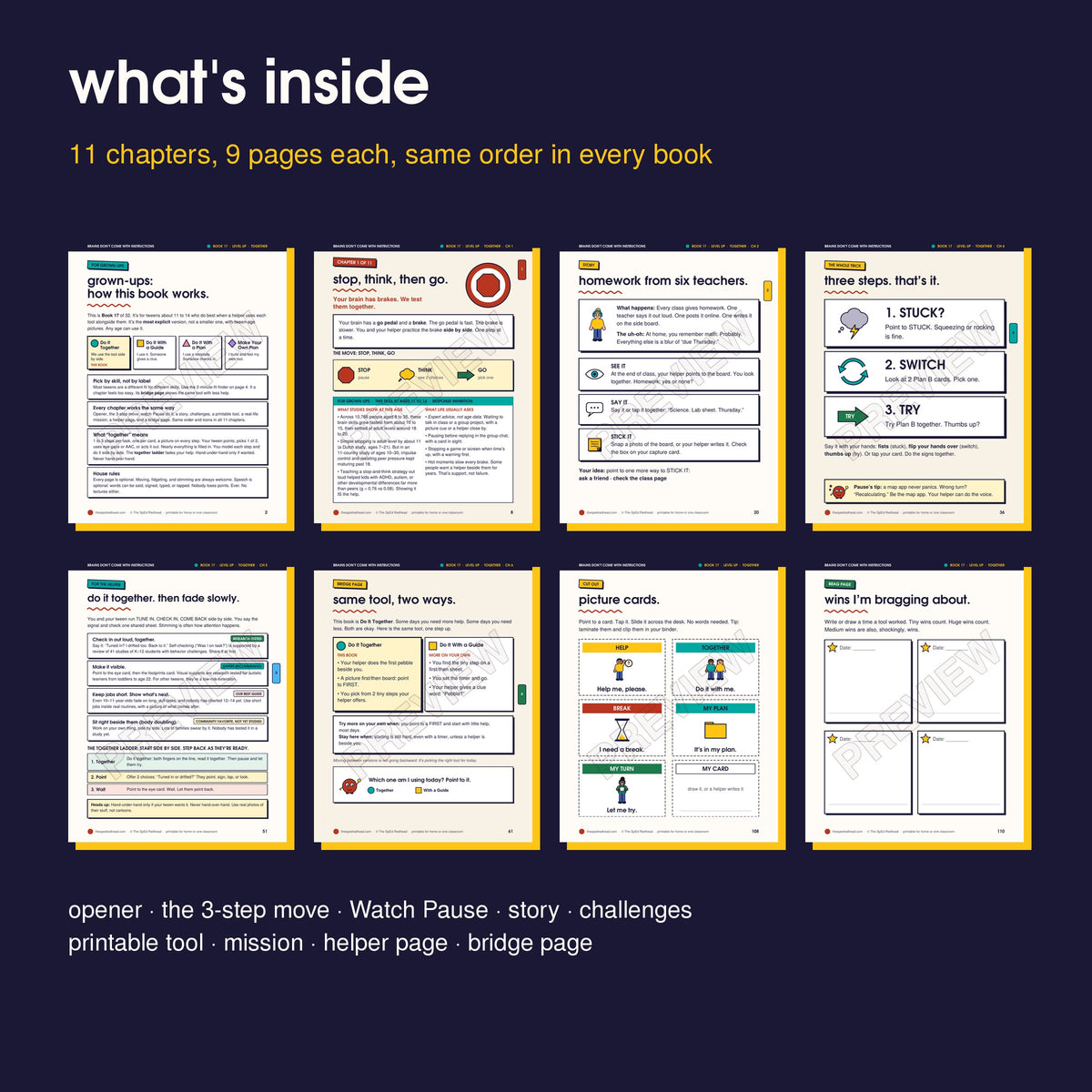 Inside pages in order: how it works, opener, story, 3-step move, helper page, bridge page, cut-outs, brag page