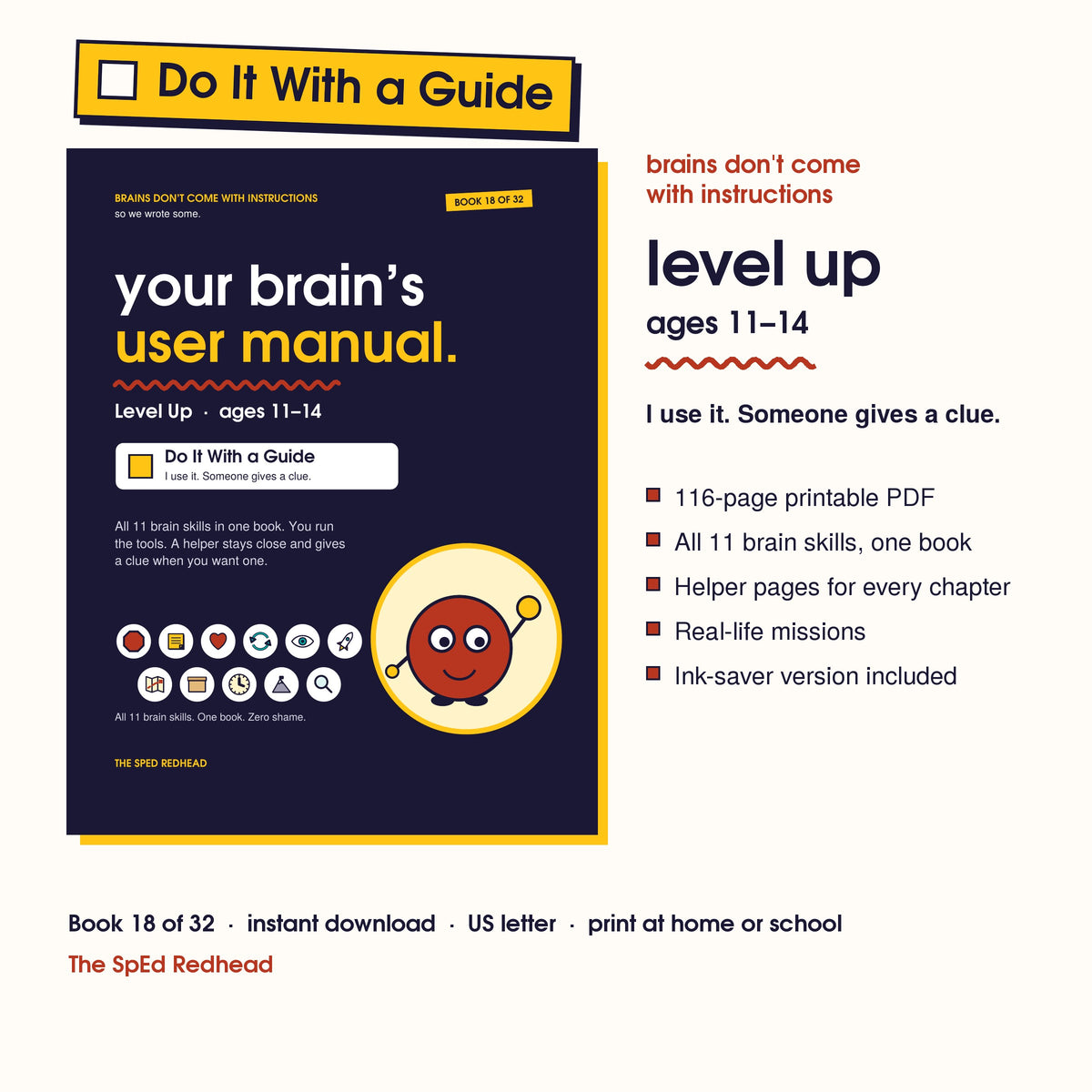 Book 18 of 32 cover, Level Up, ages 11–14, with a yellow Do It With a Guide sticker and what's in the 116-page PDF
