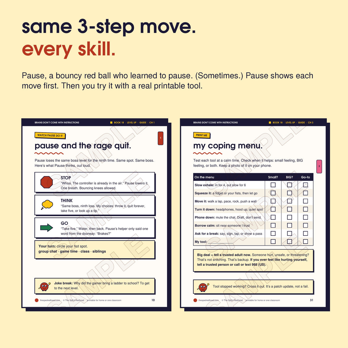 Two sample pages: Pause models Stop, Think, Go step by step, and the chapter 3 printable, "my coping menu"