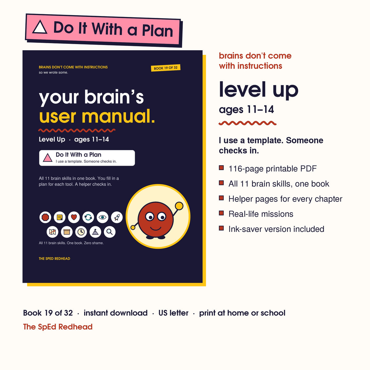 Book 19 of 32 cover, Level Up, ages 11–14, with a pink Do It With a Plan sticker and what's in the 116-page PDF