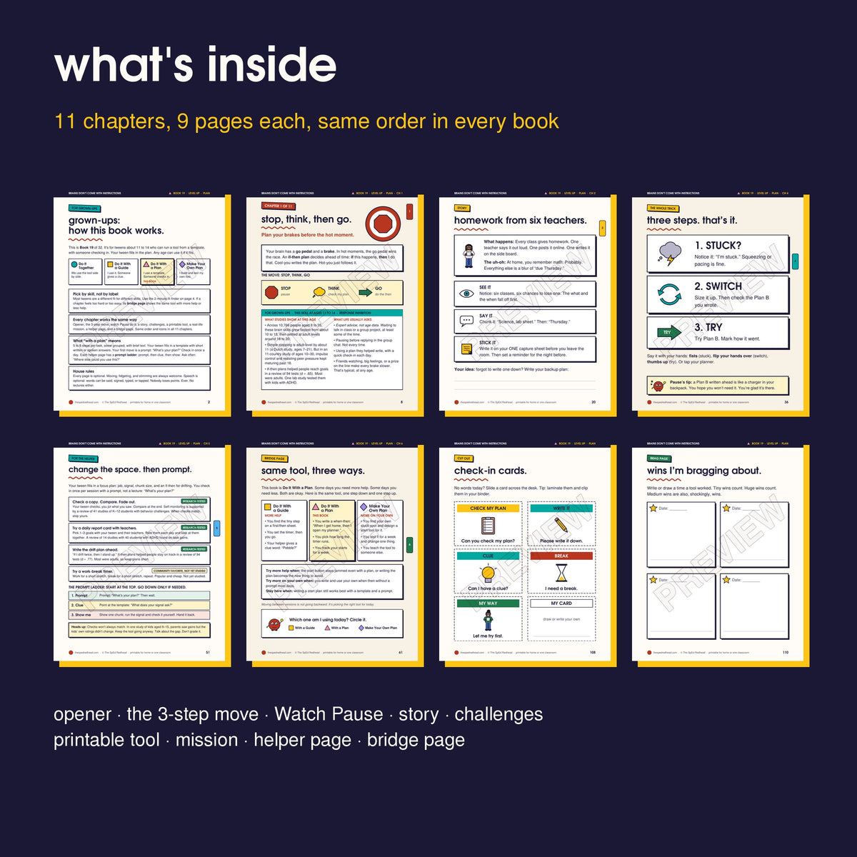 Inside pages in order: how it works, opener, story, 3-step move, helper page, bridge page, cut-outs, brag page