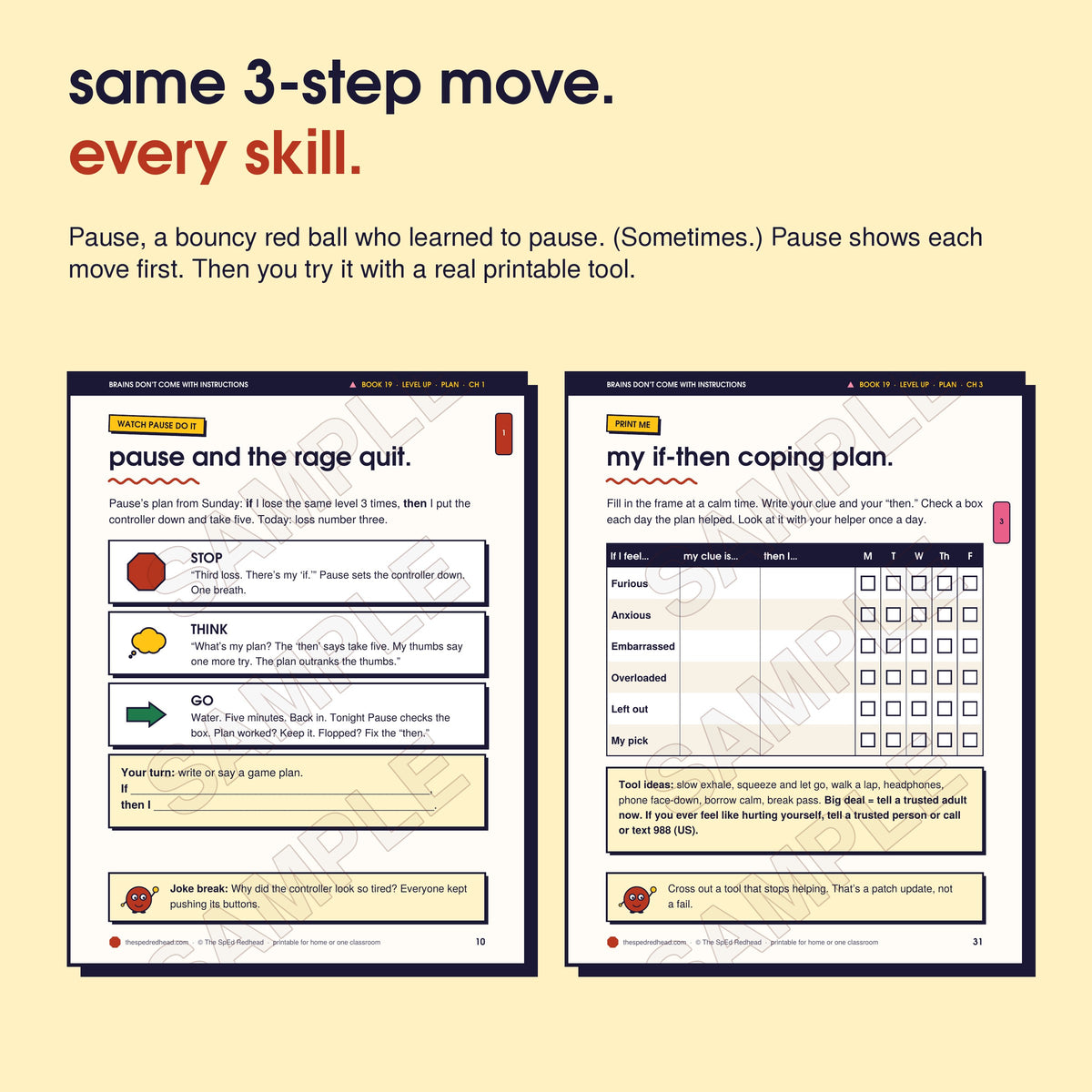 Two sample pages: Pause models Stop, Think, Go step by step, and the chapter 3 printable, "my if-then coping plan"