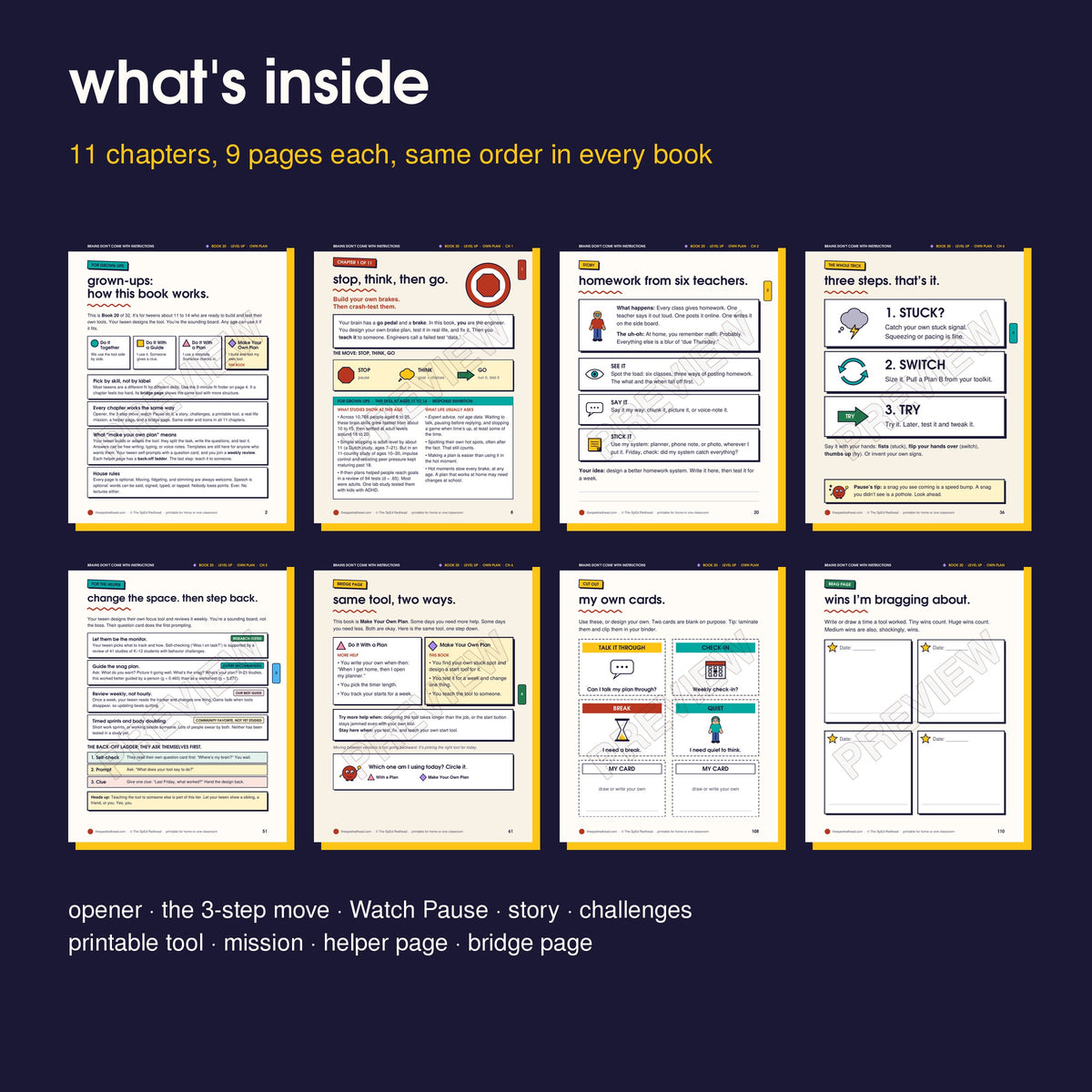 Inside pages in order: how it works, opener, story, 3-step move, helper page, bridge page, cut-outs, brag page