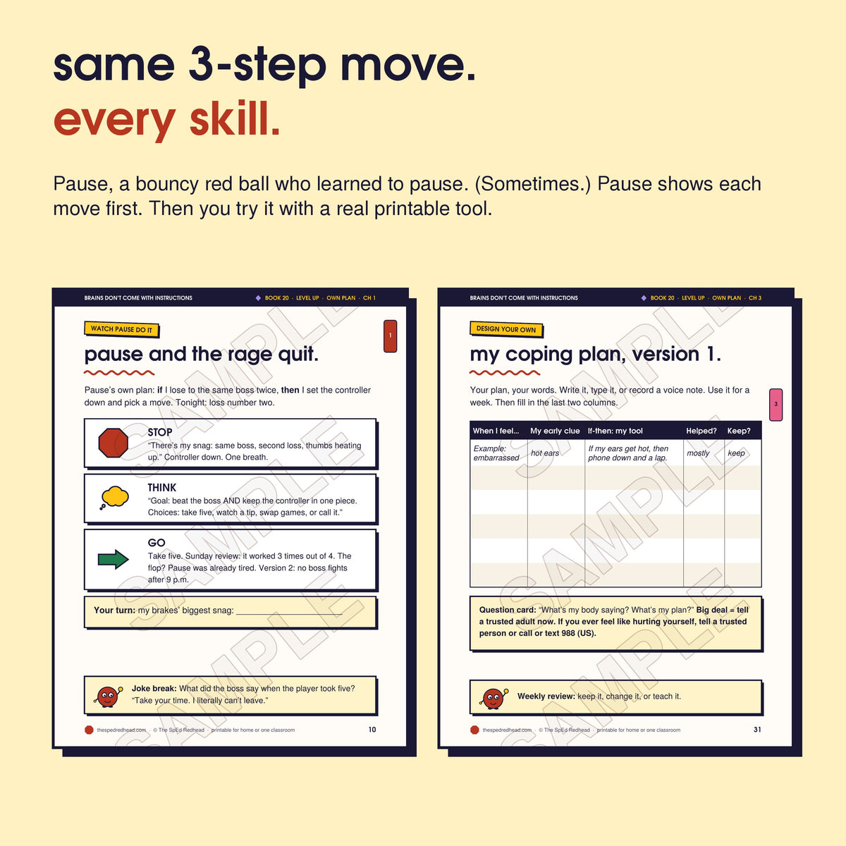 Two sample pages: Pause models Stop, Think, Go step by step, and the chapter 3 printable, "my coping plan, version 1"