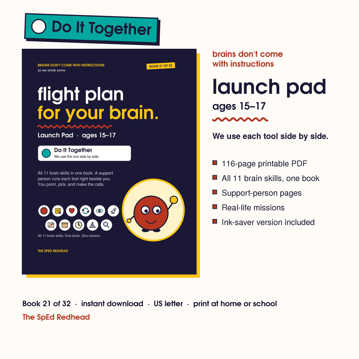 Book 21 of 32 cover, Launch Pad, ages 15–17, with a teal Do It Together sticker and what's in the 116-page PDF