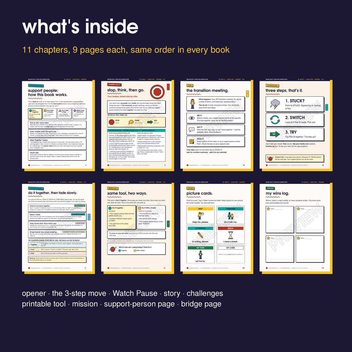 Inside pages in order: how it works, opener, story, 3-step move, support-person page, bridge page, cut-outs, wins log