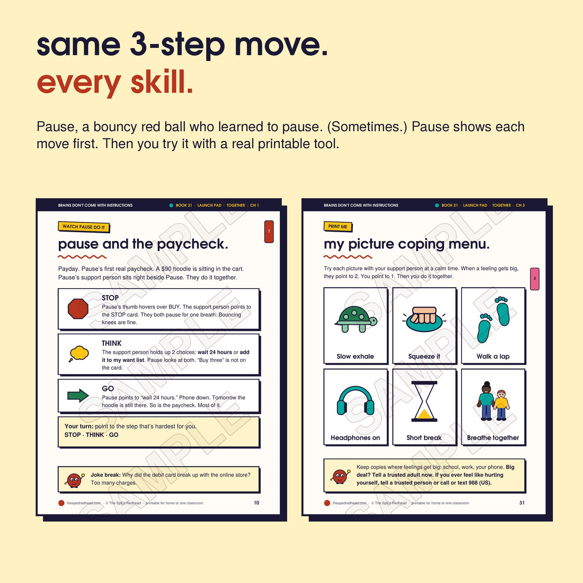 Two sample pages: Pause models Stop, Think, Go step by step, and the chapter 3 printable, "my picture coping menu"
