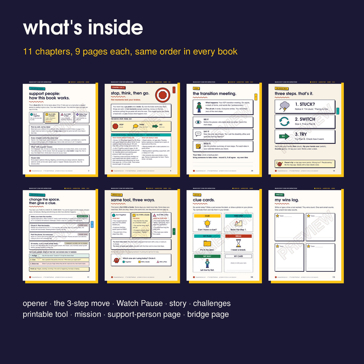Inside pages in order: how it works, opener, story, 3-step move, support-person page, bridge page, cut-outs, wins log