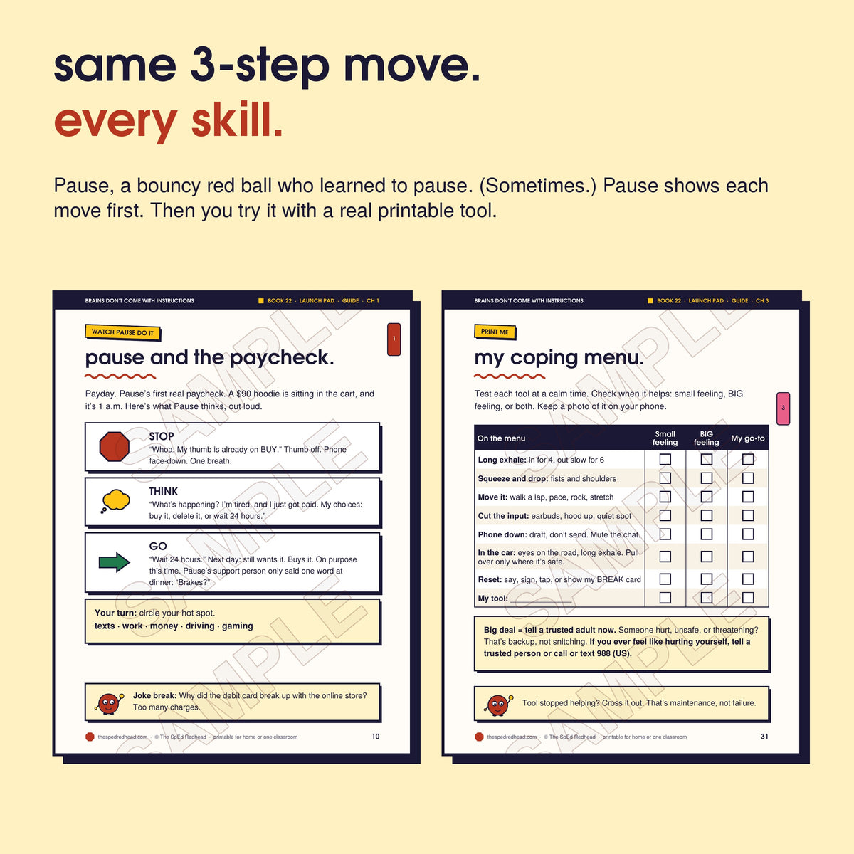 Two sample pages: Pause models Stop, Think, Go step by step, and the chapter 3 printable, "my coping menu"