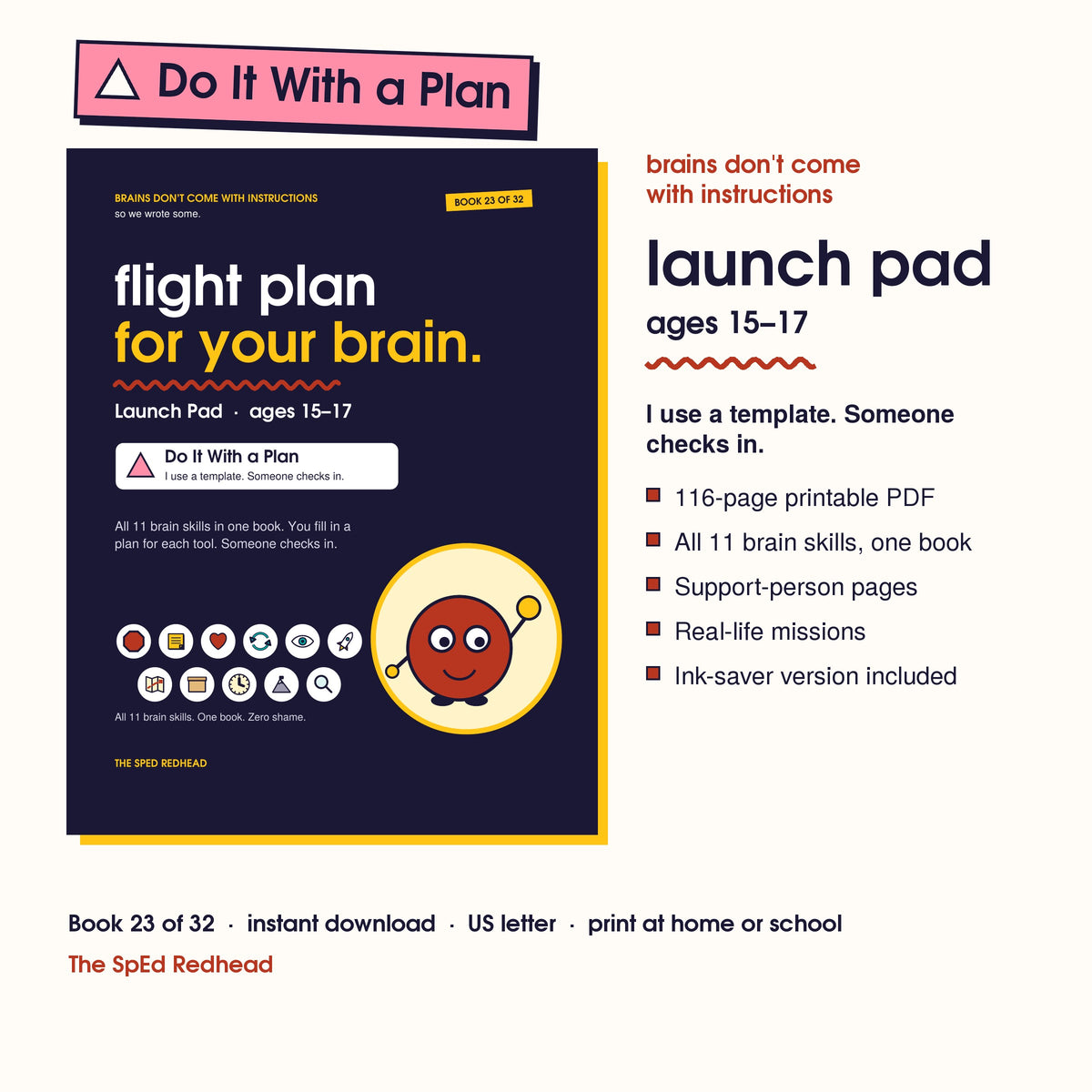 Book 23 of 32 cover, Launch Pad, ages 15–17, with a pink Do It With a Plan sticker and what's in the 116-page PDF