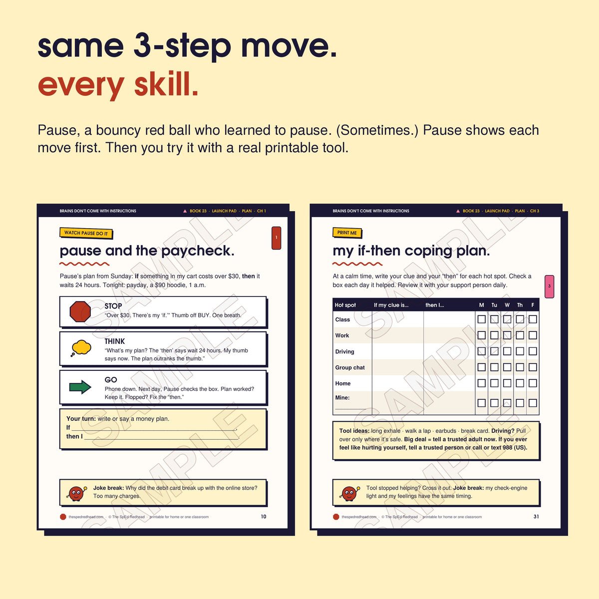 Two sample pages: Pause models Stop, Think, Go step by step, and the chapter 3 printable, "my if-then coping plan"