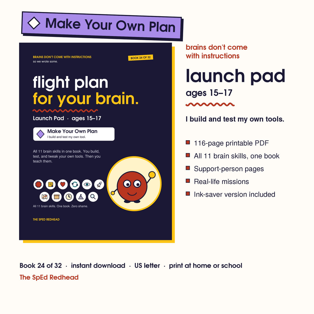 Book 24 of 32 cover, Launch Pad, ages 15–17, with a purple Make Your Own Plan sticker and what's in the 116-page PDF