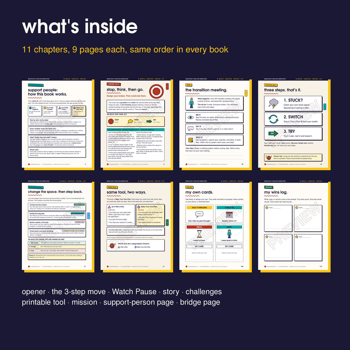 Inside pages in order: how it works, opener, story, 3-step move, support-person page, bridge page, cut-outs, wins log