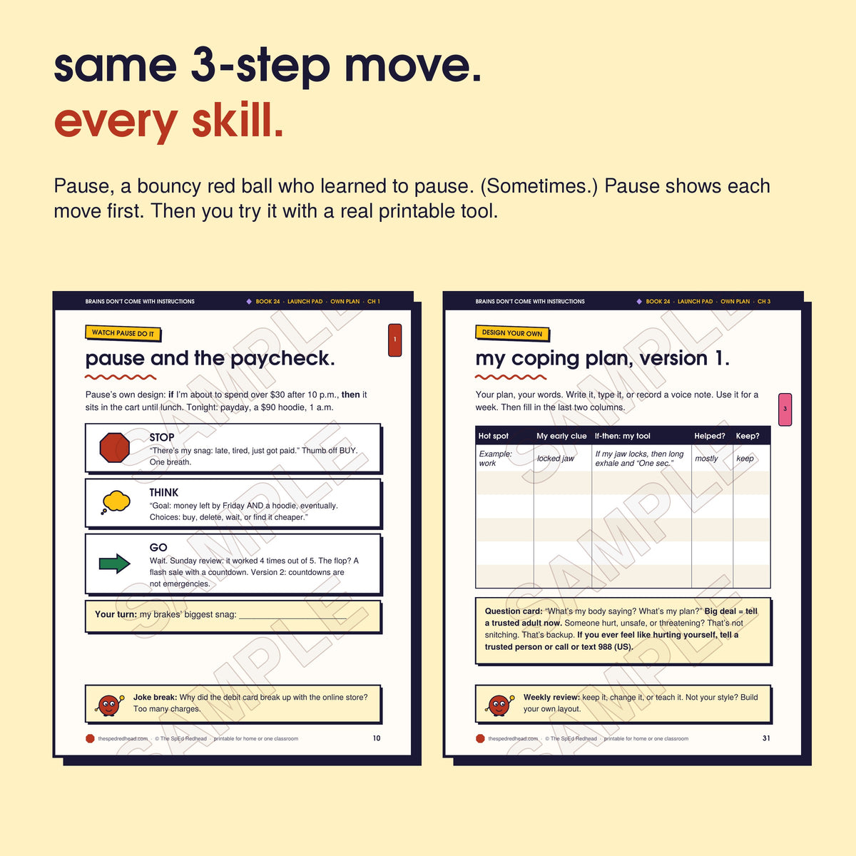 Two sample pages: Pause models Stop, Think, Go step by step, and the chapter 3 printable, "my coping plan, version 1"