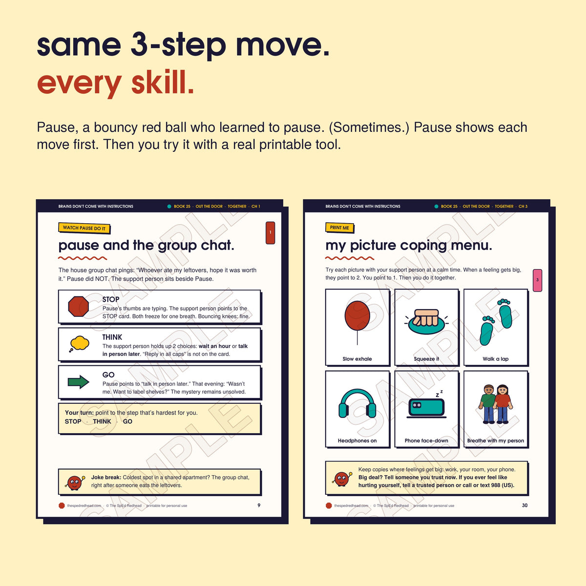 Two sample pages: Pause models Stop, Think, Go step by step, and the chapter 3 printable, "my picture coping menu"