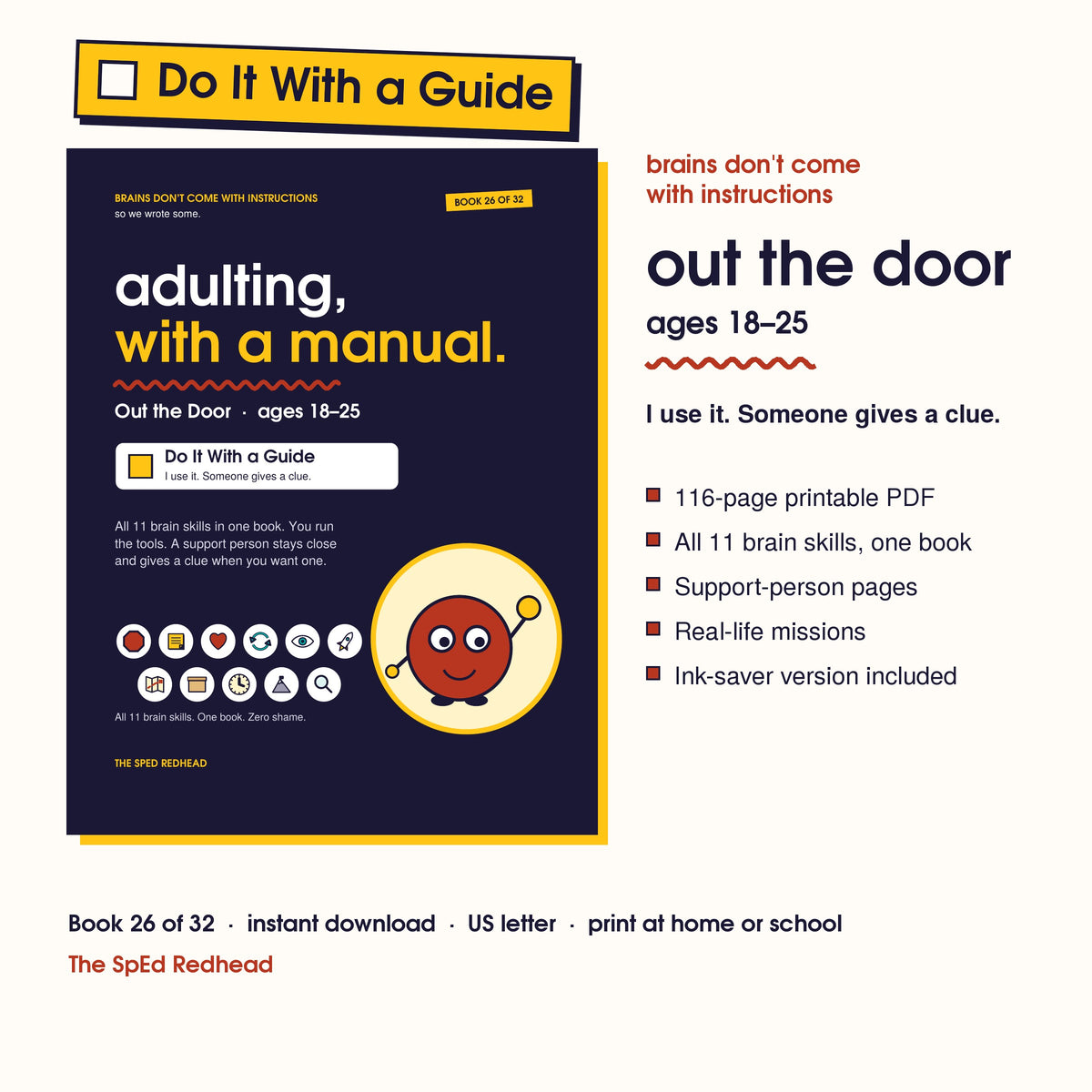 Book 26 of 32 cover, Out the Door, ages 18–25, with a yellow Do It With a Guide sticker and what's in the 116-page PDF
