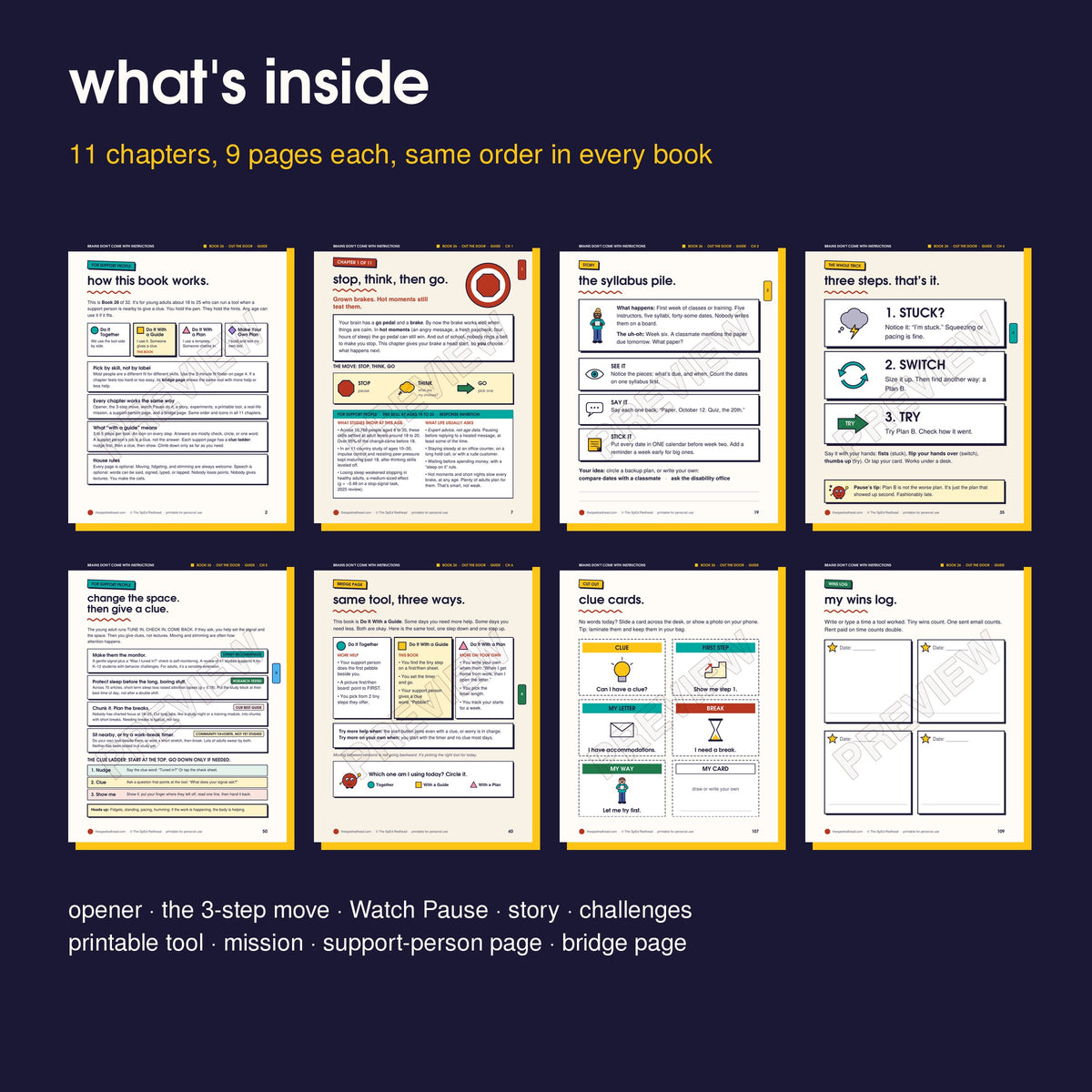 Inside pages in order: how it works, opener, story, 3-step move, support-person page, bridge page, cut-outs, wins log