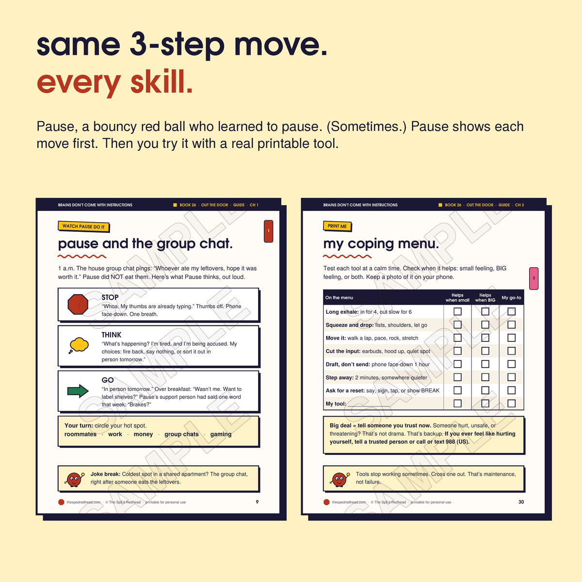 Two sample pages: Pause models Stop, Think, Go step by step, and the chapter 3 printable, "my coping menu"