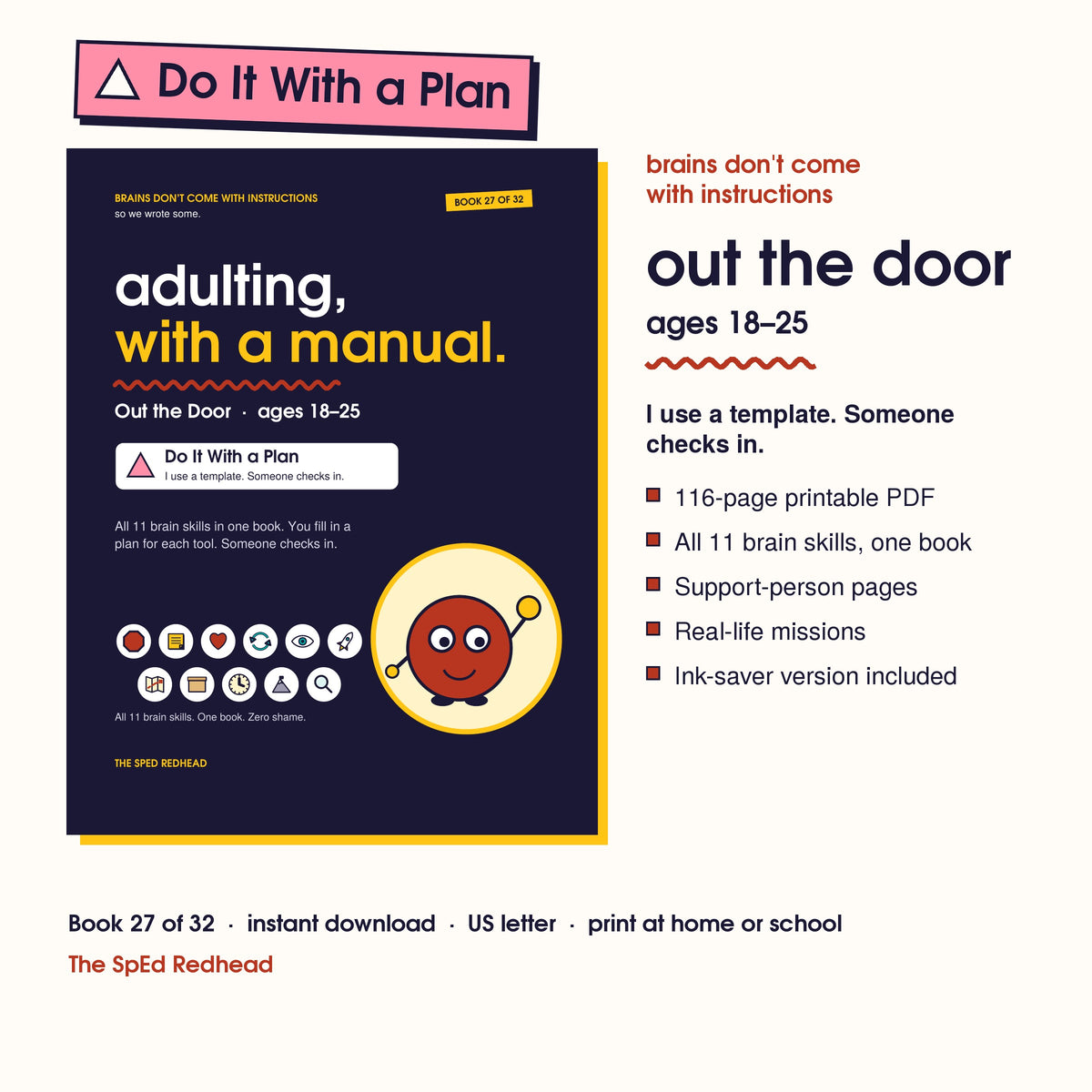 Book 27 of 32 cover, Out the Door, ages 18–25, with a pink Do It With a Plan sticker and what's in the 116-page PDF