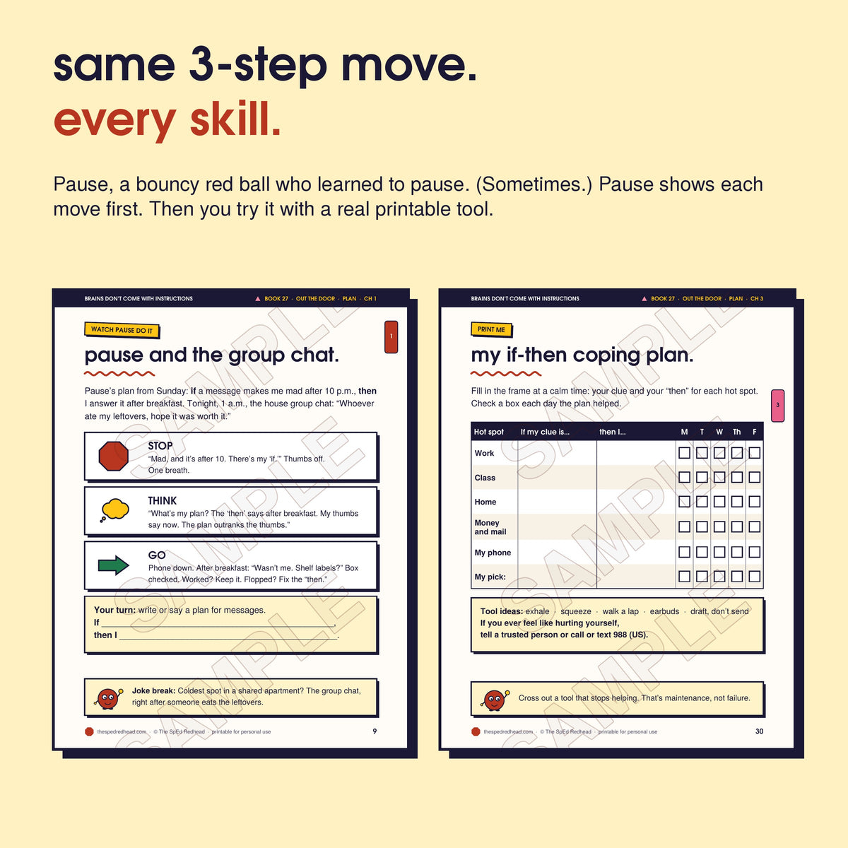 Two sample pages: Pause models Stop, Think, Go step by step, and the chapter 3 printable, "my if-then coping plan"