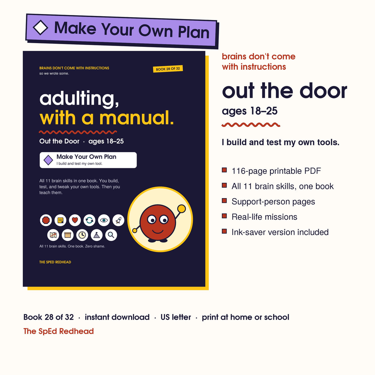 Book 28 of 32 cover, Out the Door, ages 18–25, with a purple Make Your Own Plan sticker and what's in the 116-page PDF