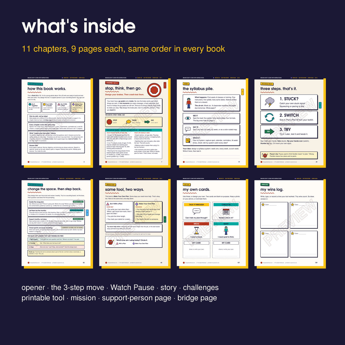 Inside pages in order: how it works, opener, story, 3-step move, support-person page, bridge page, cut-outs, wins log