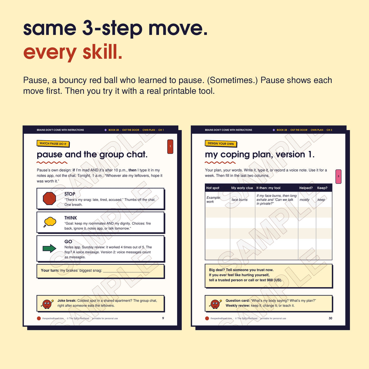 Two sample pages: Pause models Stop, Think, Go step by step, and the chapter 3 printable, "my coping plan, version 1"