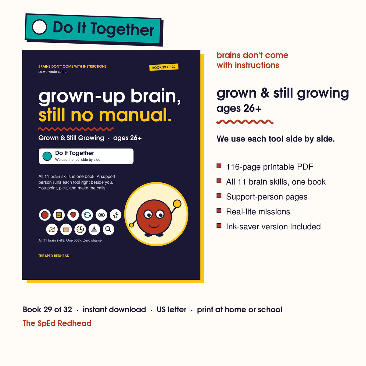 Book 29 of 32 cover, Grown & Still Growing, ages 26+, with a teal Do It Together sticker and what's in the 116-page PDF