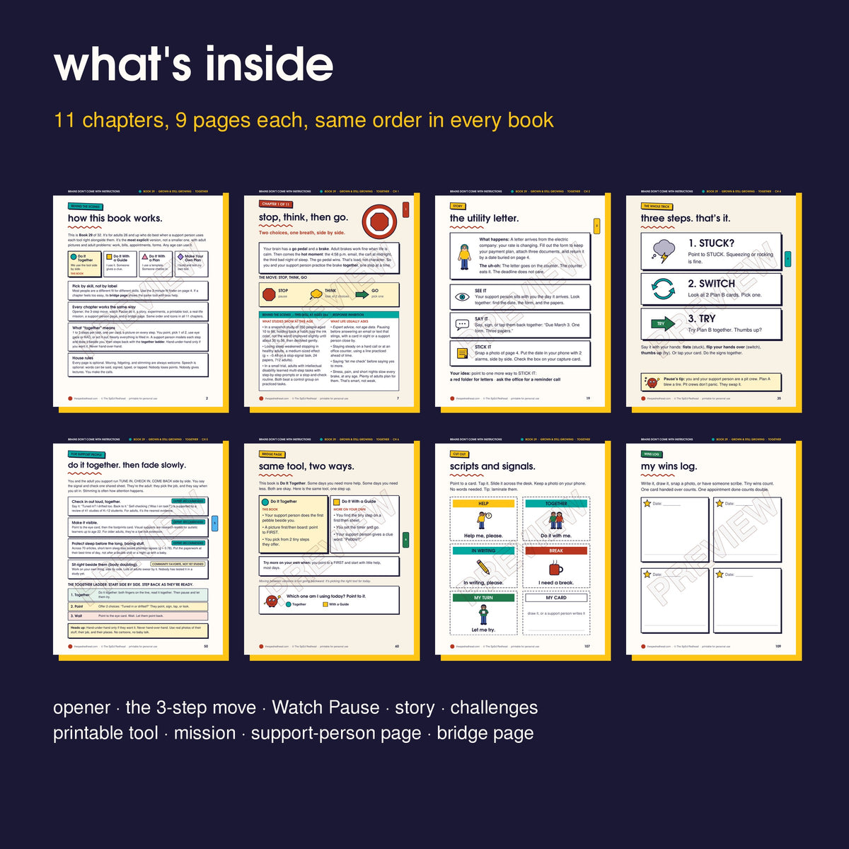 Inside pages in order: how it works, opener, story, 3-step move, support-person page, bridge page, cut-outs, wins log