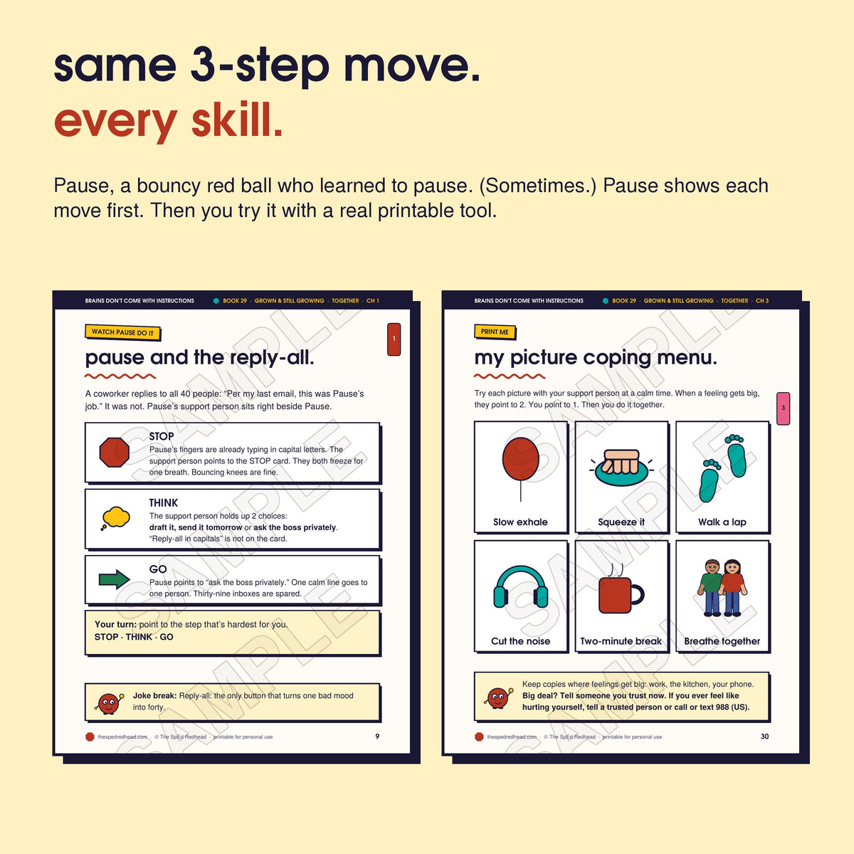 Two sample pages: Pause models Stop, Think, Go step by step, and the chapter 3 printable, "my picture coping menu"