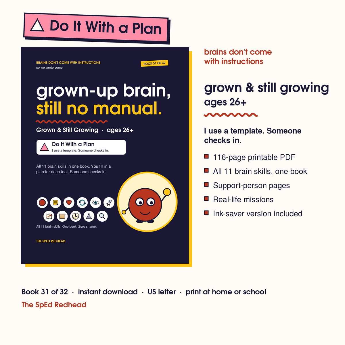 Book 31 of 32 cover, Grown & Still Growing, ages 26+, with a pink Do It With a Plan sticker and what's in the 116-page PDF