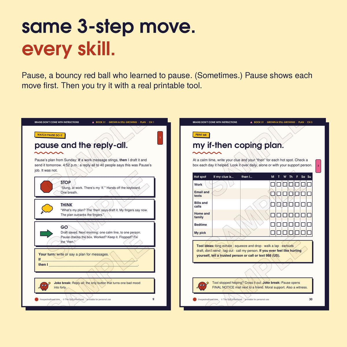 Two sample pages: Pause models Stop, Think, Go step by step, and the chapter 3 printable, "my if-then coping plan"