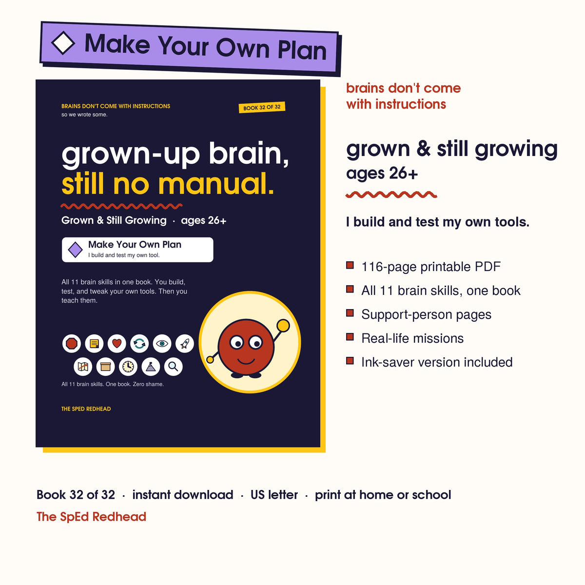 Book 32 of 32 cover, Grown & Still Growing, ages 26+, with a purple Make Your Own Plan sticker and what's included