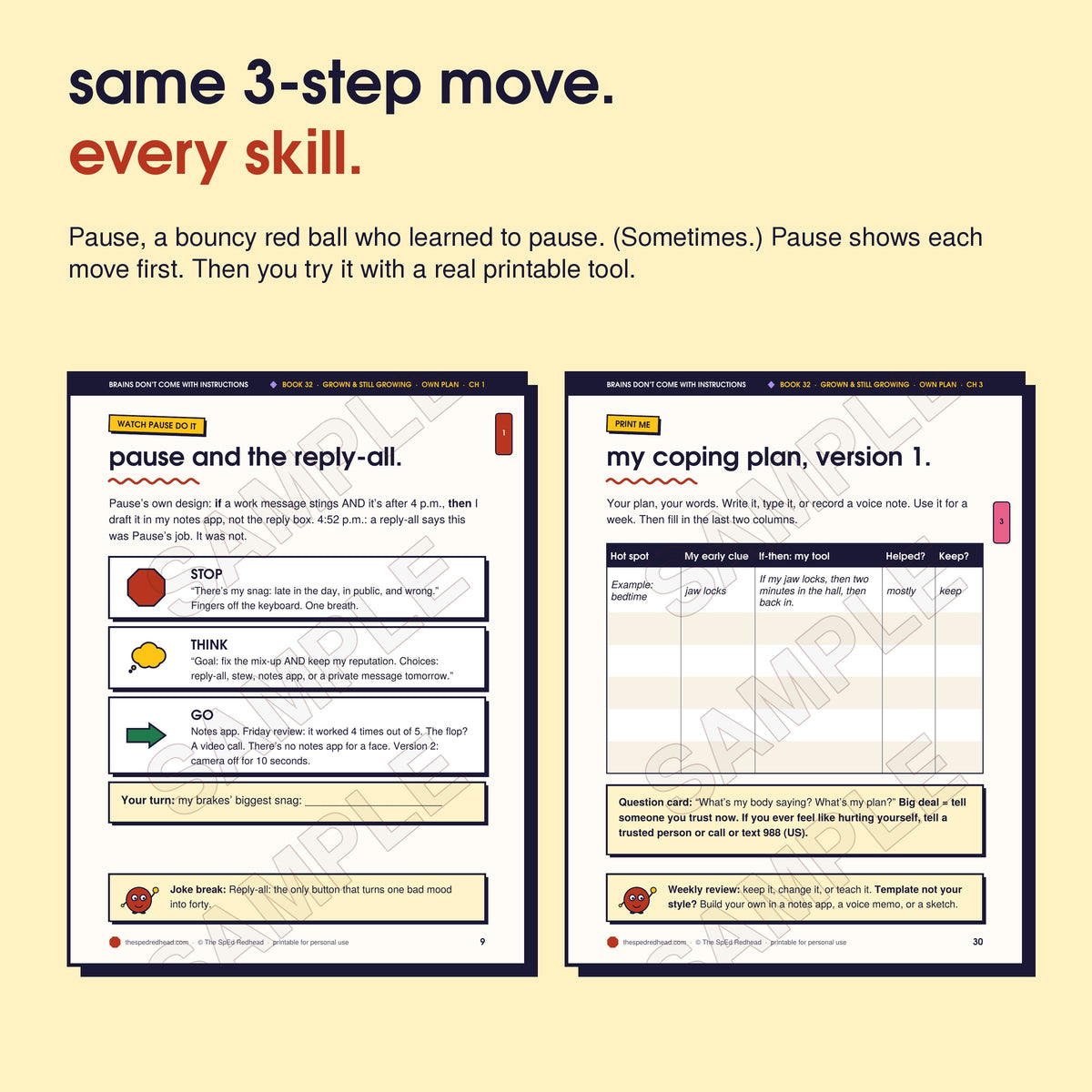 Two sample pages: Pause models Stop, Think, Go step by step, and the chapter 3 printable, "my coping plan, version 1"