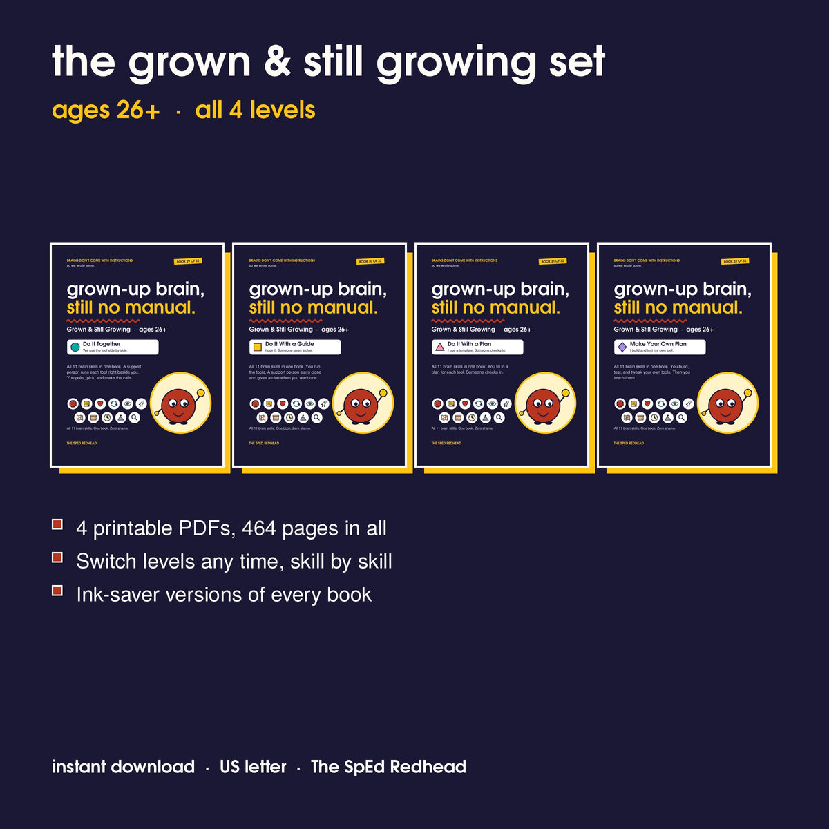 Covers of the 4 Grown & Still Growing books, ages 26+: Together, With a Guide, With a Plan and Make Your Own Plan