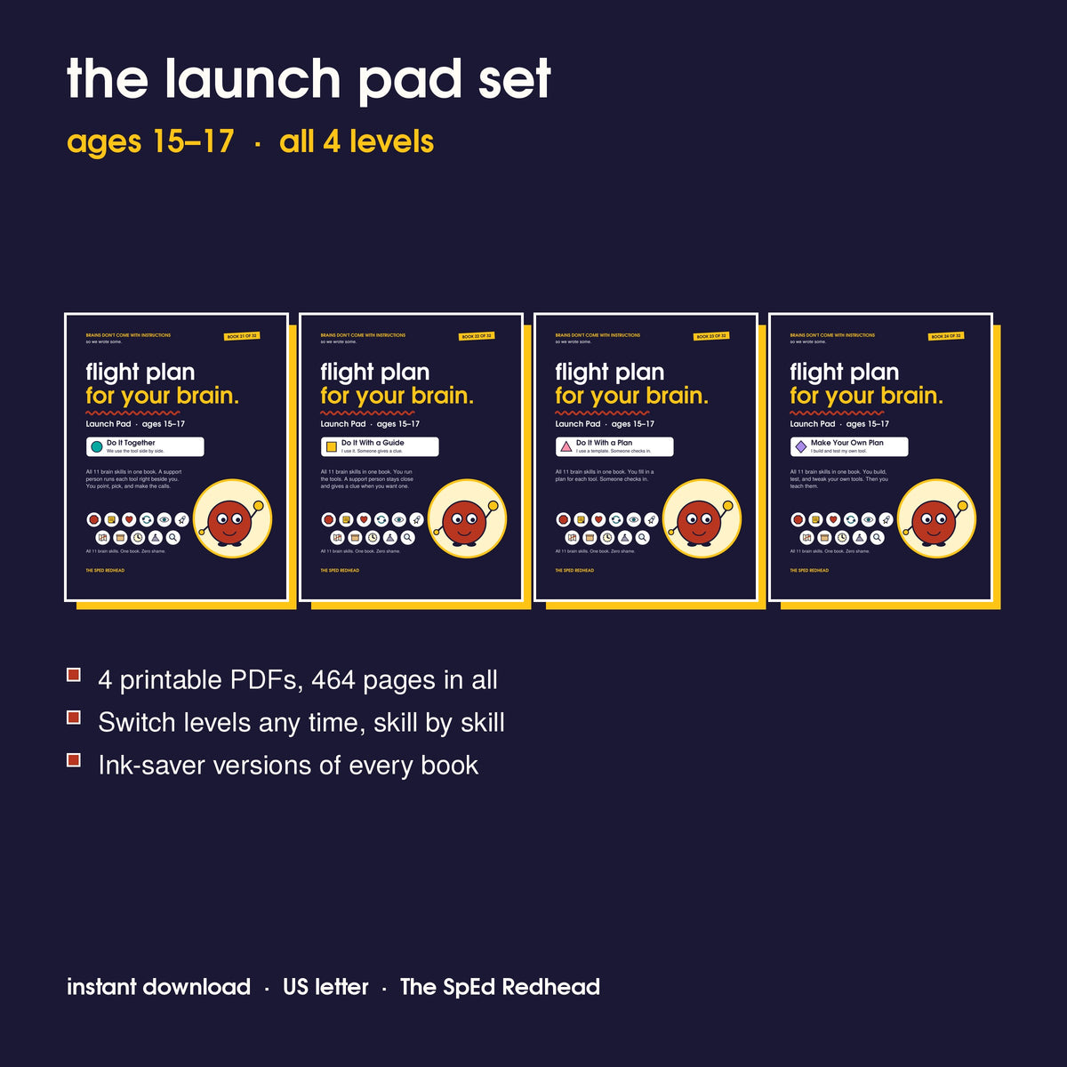 Covers of the 4 Launch Pad books, ages 15–17: Do It Together, Do It With a Guide, Do It With a Plan and Make Your Own Plan