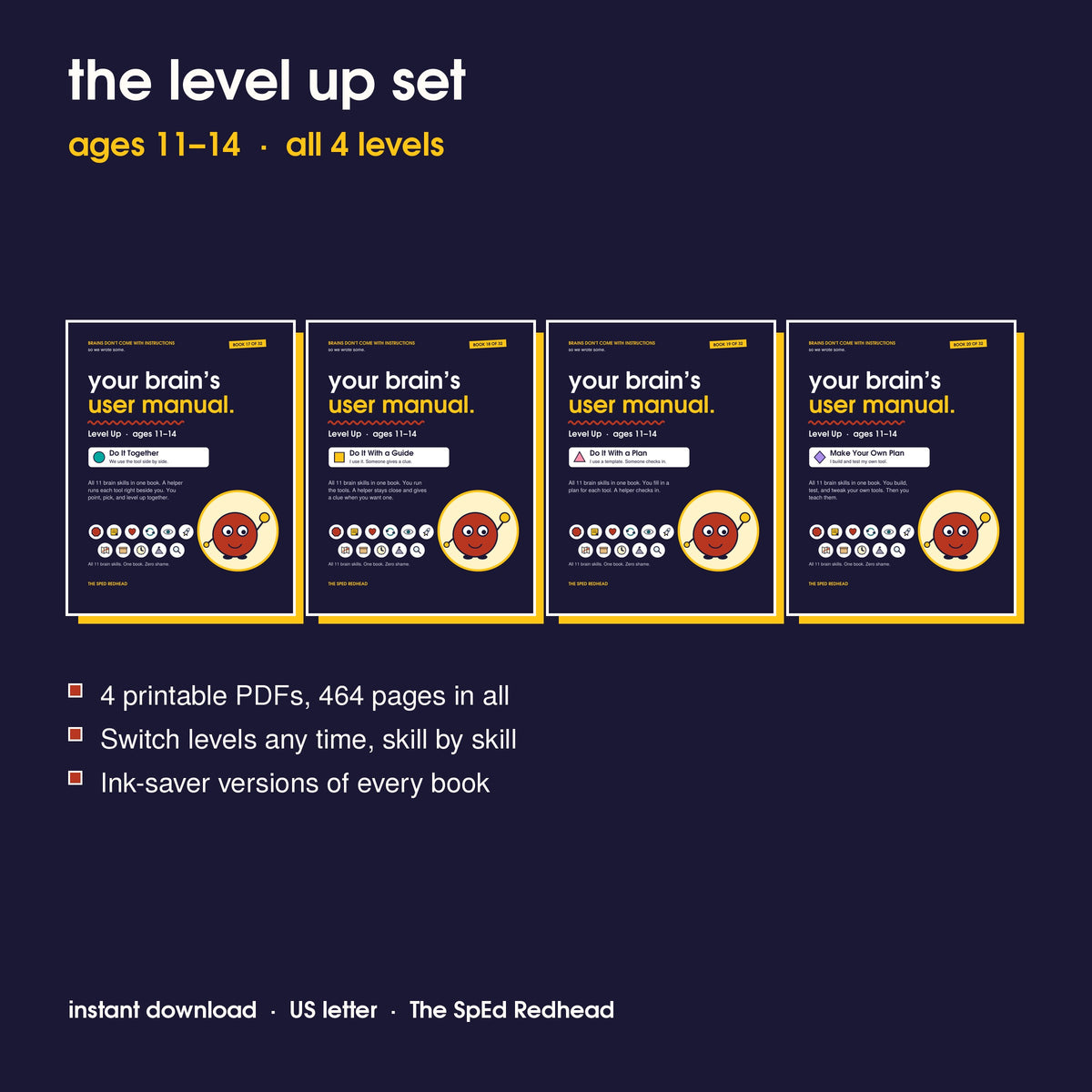 Covers of the 4 Level Up books, ages 11–14: Do It Together, Do It With a Guide, Do It With a Plan and Make Your Own Plan