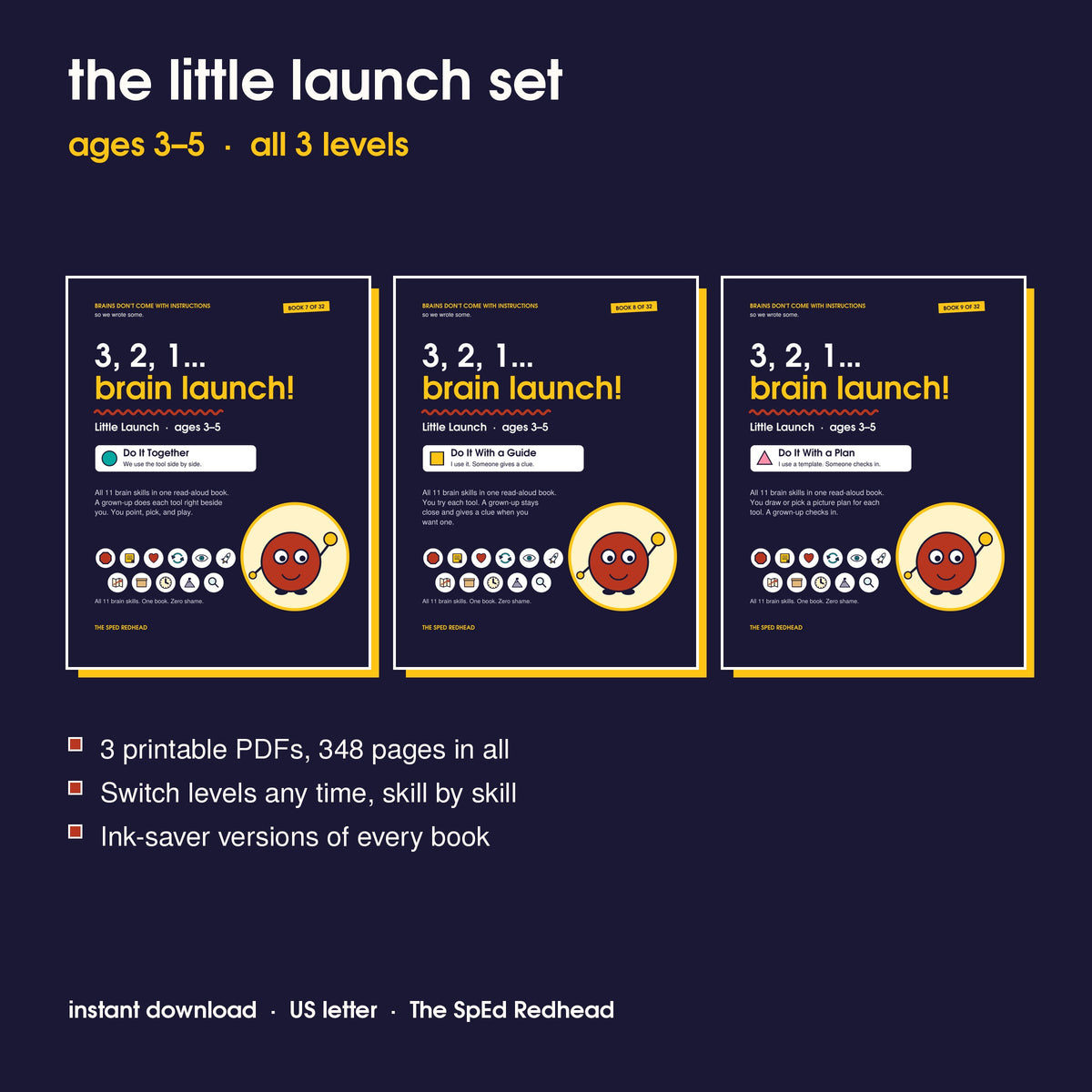 Covers of the 3 Little Launch books, ages 3–5: Do It Together, Do It With a Guide and Do It With a Plan