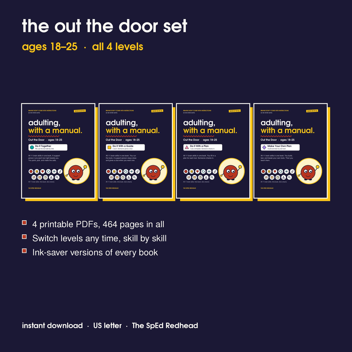 Covers of the 4 Out the Door books, ages 18–25: Do It Together, Do It With a Guide, Do It With a Plan and Make Your Own Plan
