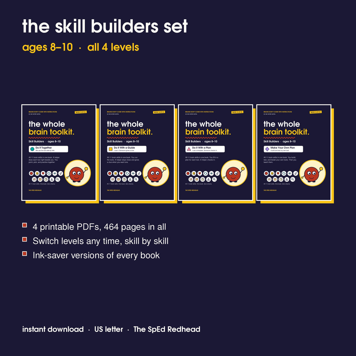 Covers of the 4 Skill Builders books, ages 8–10: Together, With a Guide, With a Plan and Make Your Own Plan