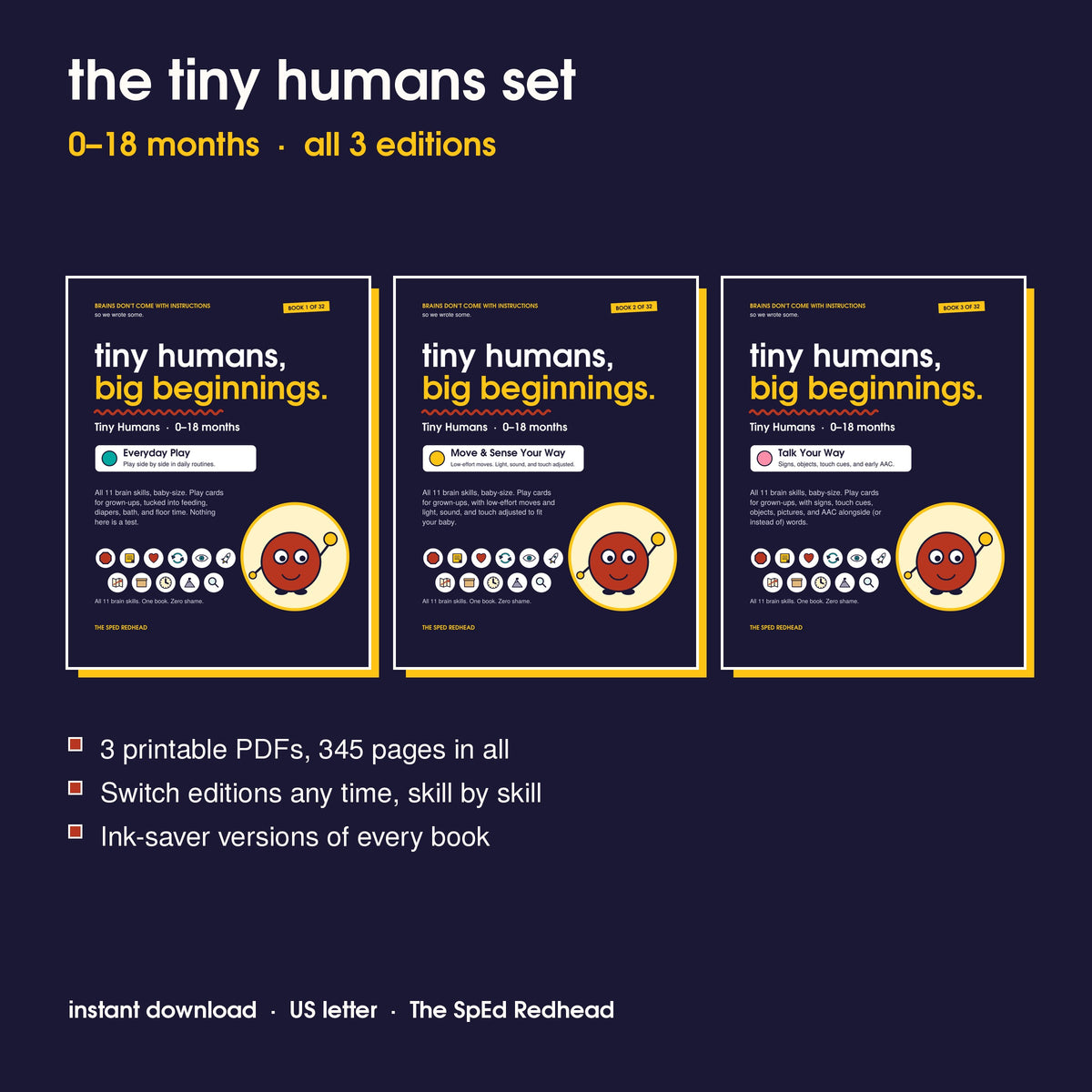 Covers of the 3 Tiny Humans books, 0–18 months: Everyday Play, Move & Sense Your Way and Talk Your Way