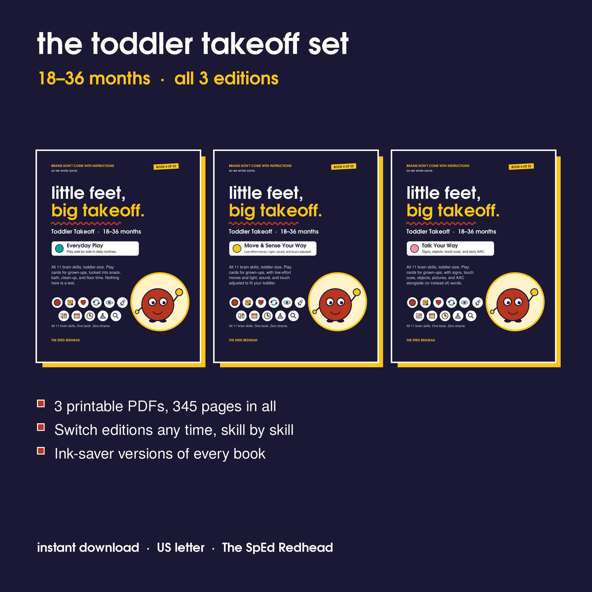 Covers of the 3 Toddler Takeoff books, 18–36 months: Everyday Play, Move & Sense Your Way and Talk Your Way